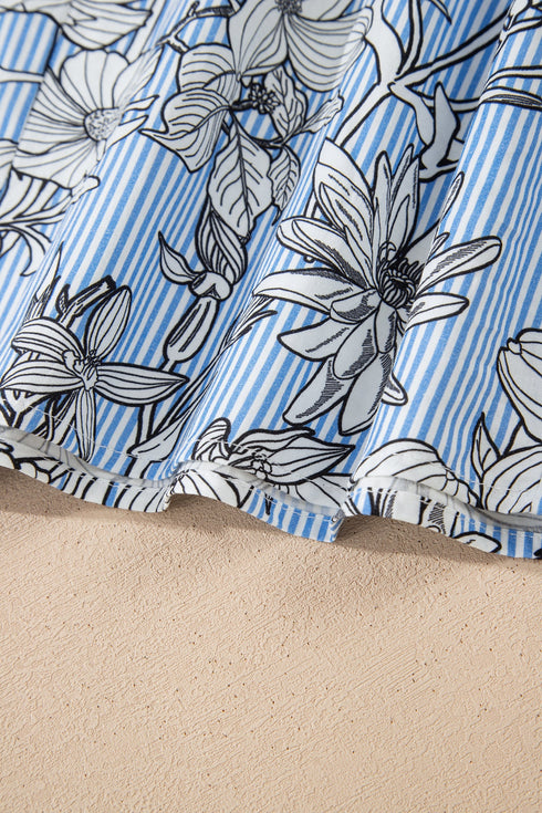 Floral Striped Print Polo Collar Short Sleeve Blouse
