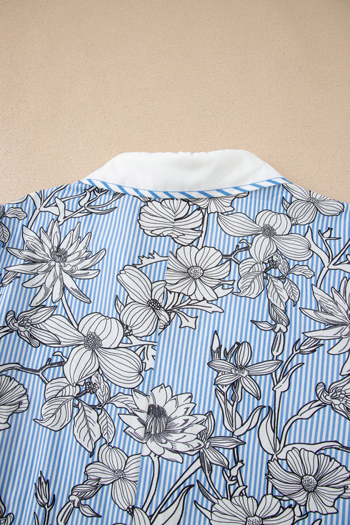 Floral Striped Print Polo Collar Short Sleeve Blouse