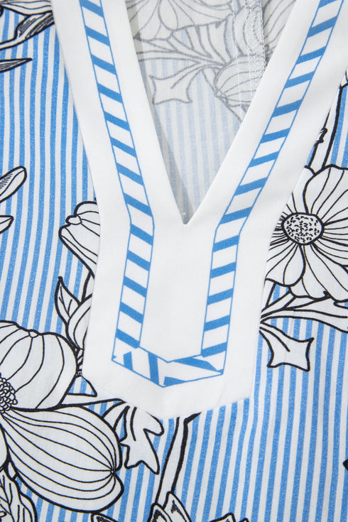 Floral Striped Print Polo Collar Short Sleeve Blouse