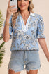 Floral Striped Print Polo Collar Short Sleeve Blouse