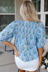 Floral Striped Print Shirred Yoke Split Neck Cotton Blouse