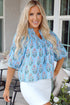 Floral Striped Print Shirred Yoke Split Neck Cotton Blouse