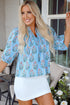 Floral Striped Print Shirred Yoke Split Neck Cotton Blouse