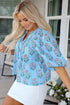 Floral Striped Print Shirred Yoke Split Neck Cotton Blouse