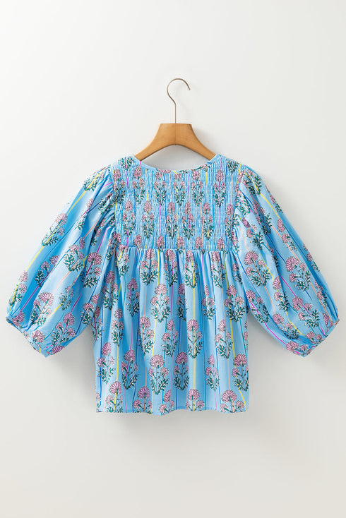 Floral Striped Print Shirred Yoke Split Neck Cotton Blouse