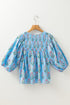 Floral Striped Print Shirred Yoke Split Neck Cotton Blouse