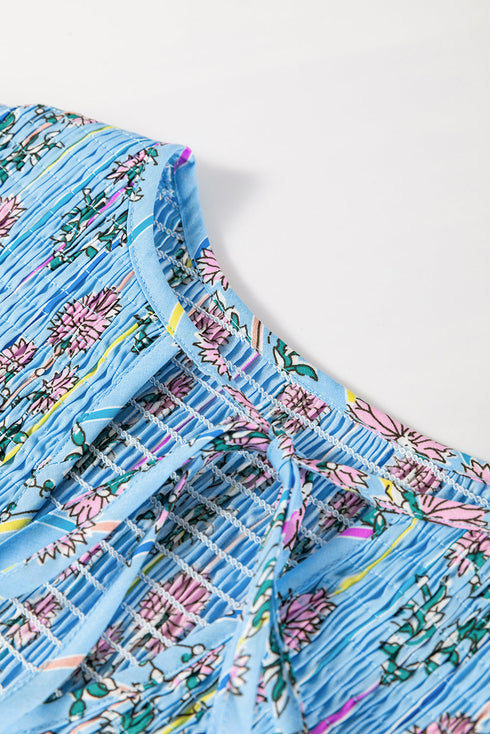 Floral Striped Print Shirred Yoke Split Neck Cotton Blouse
