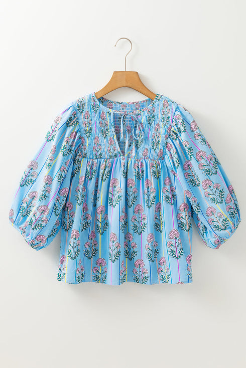 Floral Striped Print Shirred Yoke Split Neck Cotton Blouse