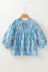 Floral Striped Print Shirred Yoke Split Neck Cotton Blouse