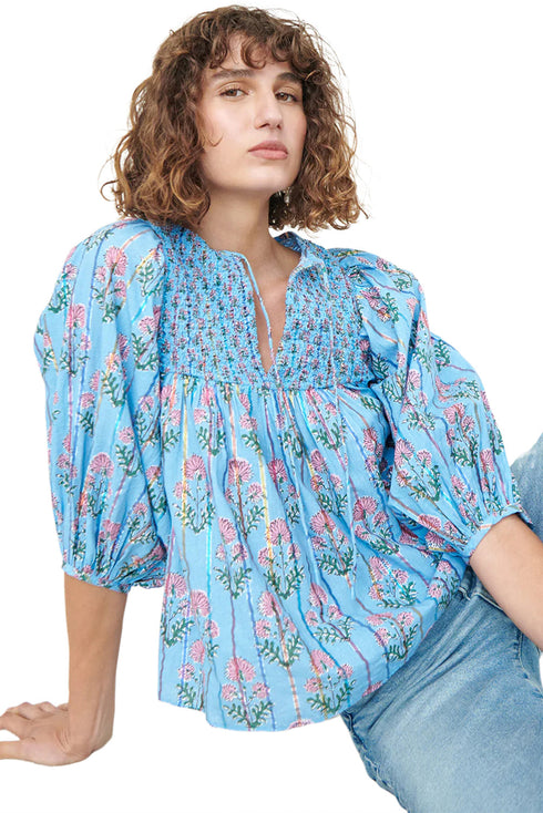 Floral Striped Print Shirred Yoke Split Neck Cotton Blouse