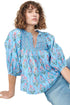 Floral Striped Print Shirred Yoke Split Neck Cotton Blouse