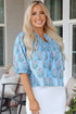 Floral Striped Print Shirred Yoke Split Neck Cotton Blouse