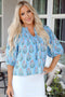 Floral Striped Print Shirred Yoke Split Neck Cotton Blouse