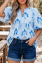 Floral Striped Print Tie Neck Puff Sleeve Blouse