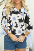 Floral Striped Tie Sleeve Collared V Neck Blouse