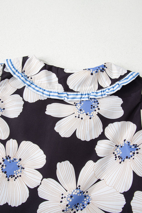 Floral Striped Tie Sleeve Collared V Neck Blouse