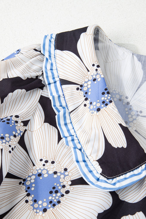 Floral Striped Tie Sleeve Collared V Neck Blouse