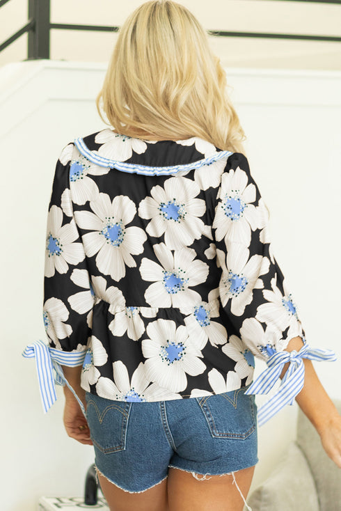 Floral Striped Tie Sleeve Collared V Neck Blouse