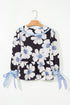Floral Striped Tie Sleeve Collared V Neck Blouse