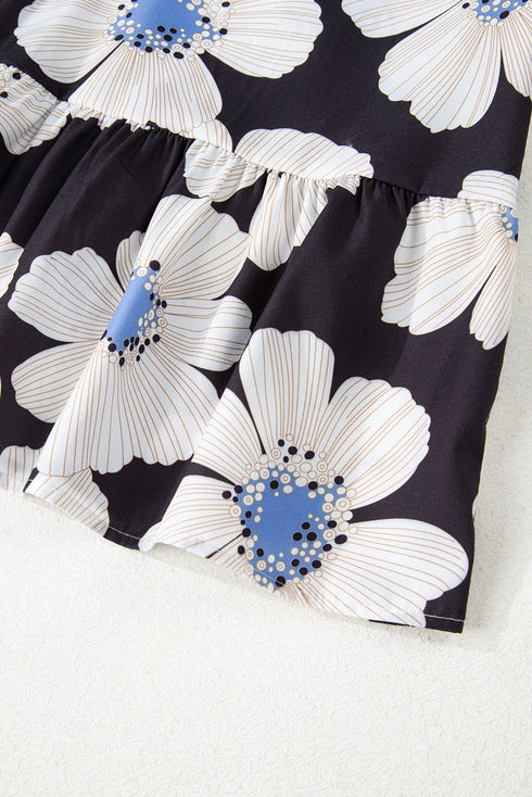 Floral Striped Tie Sleeve Collared V Neck Blouse