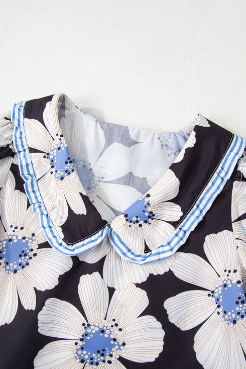 Floral Striped Tie Sleeve Collared V Neck Blouse