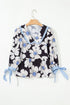 Floral Striped Tie Sleeve Collared V Neck Blouse
