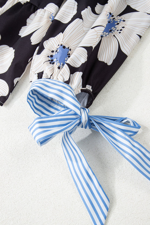 Floral Striped Tie Sleeve Collared V Neck Blouse
