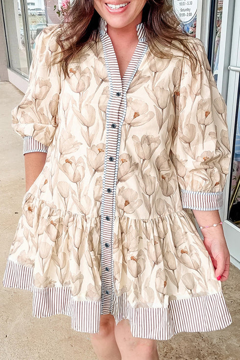 Floral Striped Trim Patchwork Button Down A Line Mini Dress