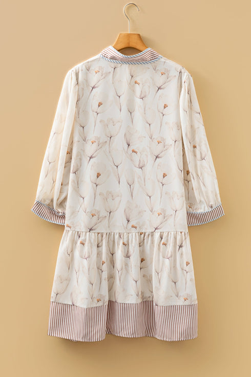 Floral Striped Trim Patchwork Button Down A Line Mini Dress