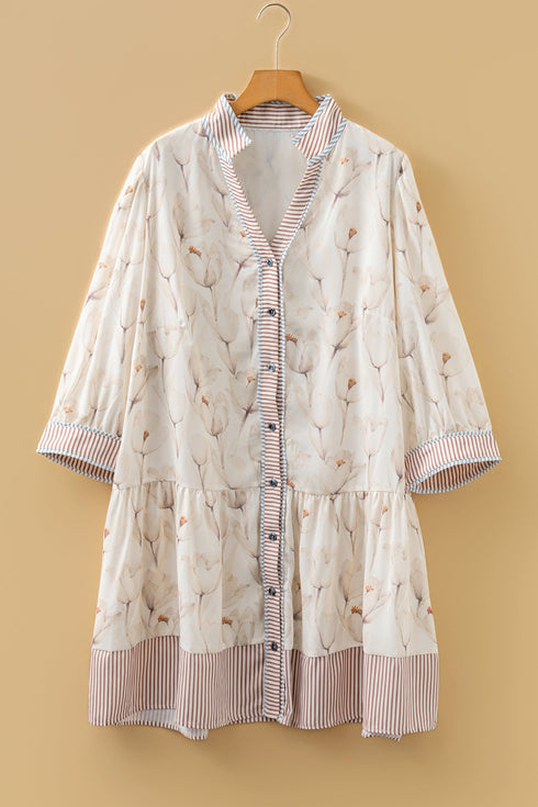 Floral Striped Trim Patchwork Button Down A Line Mini Dress