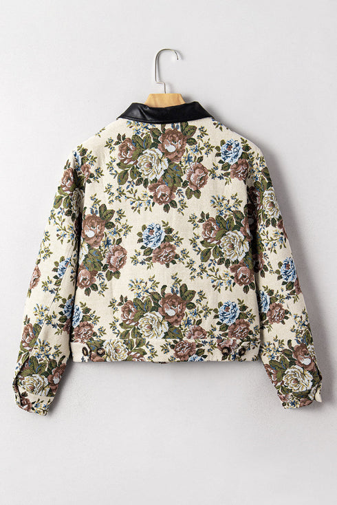Floral Tapestry Zip Front Contrast Collar Chest Pocket Jacket