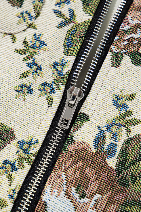 Floral Tapestry Zip Front Contrast Collar Chest Pocket Jacket