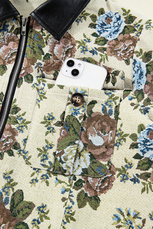 Floral Tapestry Zip Front Contrast Collar Chest Pocket Jacket