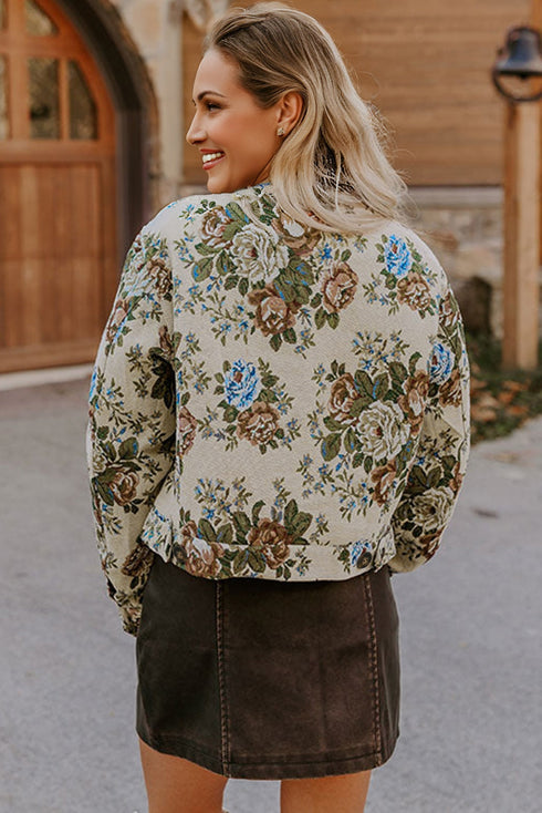 Floral Tapestry Zip Front Contrast Collar Chest Pocket Jacket