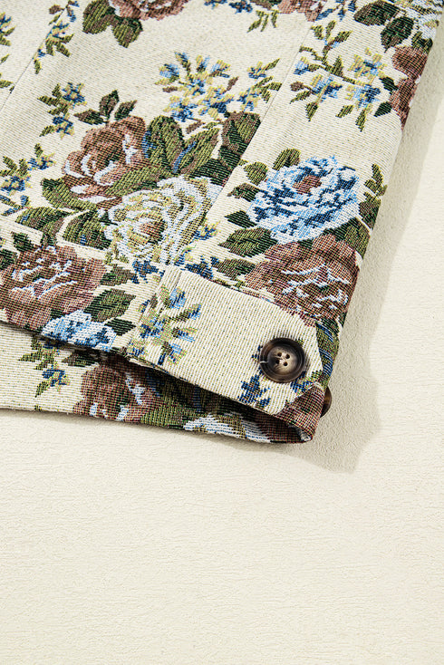 Floral Tapestry Zip Front Contrast Collar Chest Pocket Jacket