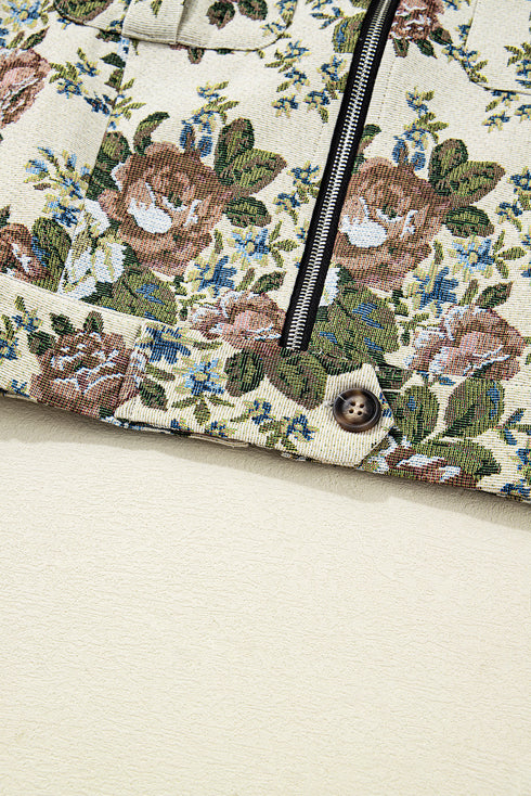 Floral Tapestry Zip Front Contrast Collar Chest Pocket Jacket