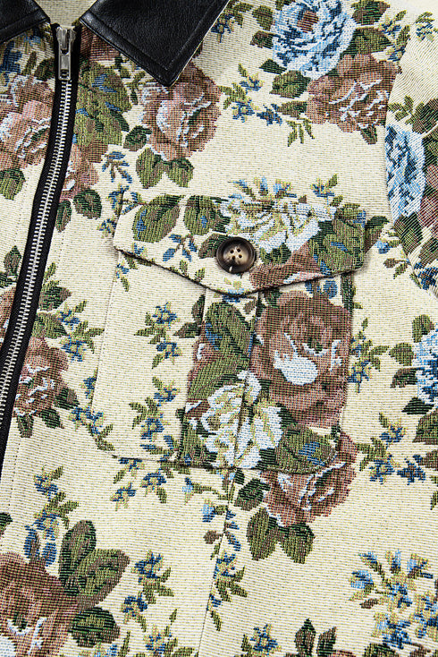 Floral Tapestry Zip Front Contrast Collar Chest Pocket Jacket