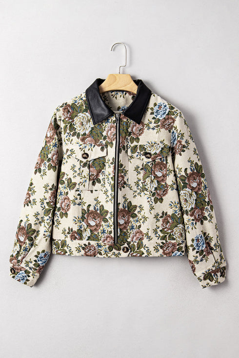 Floral Tapestry Zip Front Contrast Collar Chest Pocket Jacket