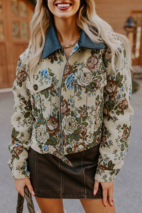 Floral Tapestry Zip Front Contrast Collar Chest Pocket Jacket