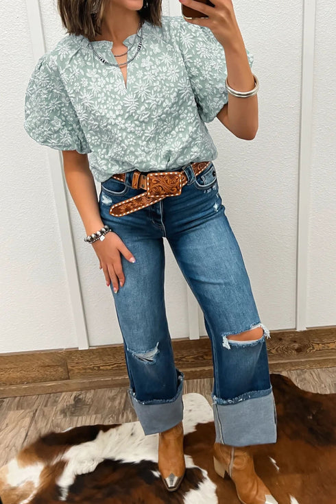 Floral Textured Jacquard Western Puff Sleeve Blouse