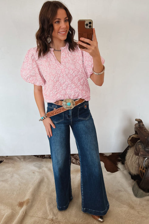 Floral Textured Jacquard Western Puff Sleeve Blouse