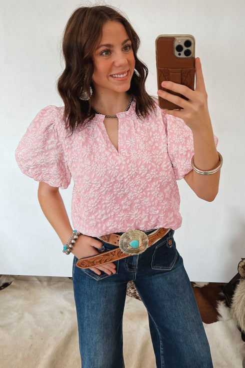 Floral Textured Jacquard Western Puff Sleeve Blouse