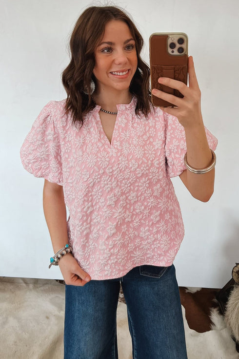 Floral Textured Jacquard Western Puff Sleeve Blouse