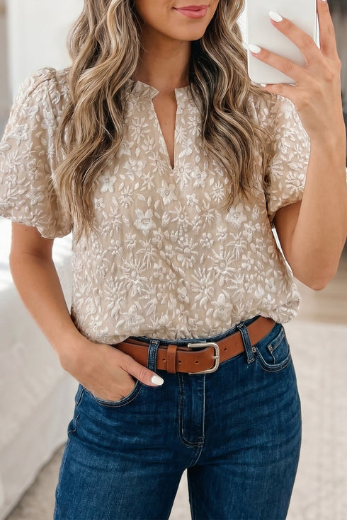 Floral Textured Jacquard Western Puff Sleeve Blouse
