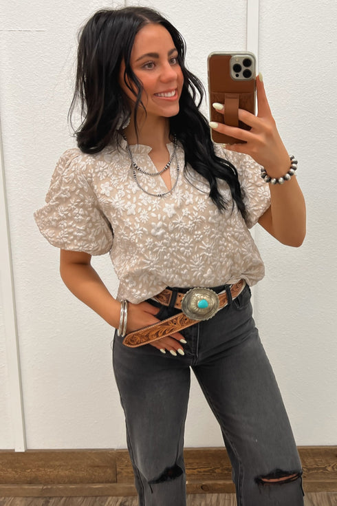 Floral Textured Jacquard Western Puff Sleeve Blouse