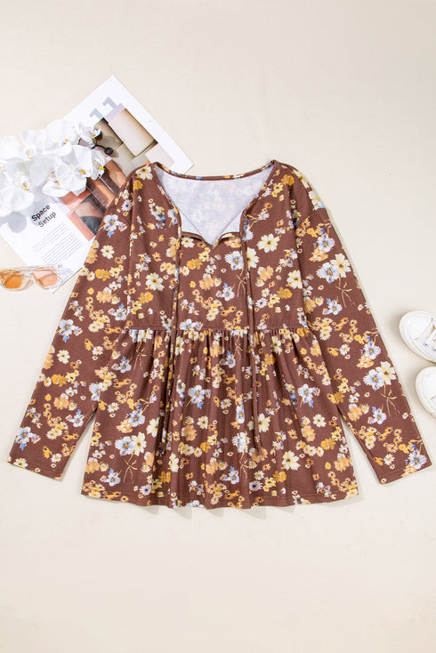 Floral Textured Tied Neck Long Sleeve Babydoll Blouse