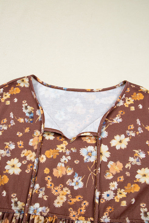 Floral Textured Tied Neck Long Sleeve Babydoll Blouse