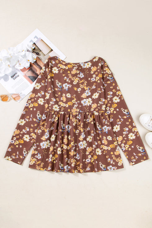 Floral Textured Tied Neck Long Sleeve Babydoll Blouse