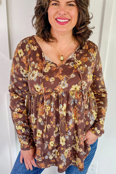 Floral Textured Tied Neck Long Sleeve Babydoll Plus Size Blouse