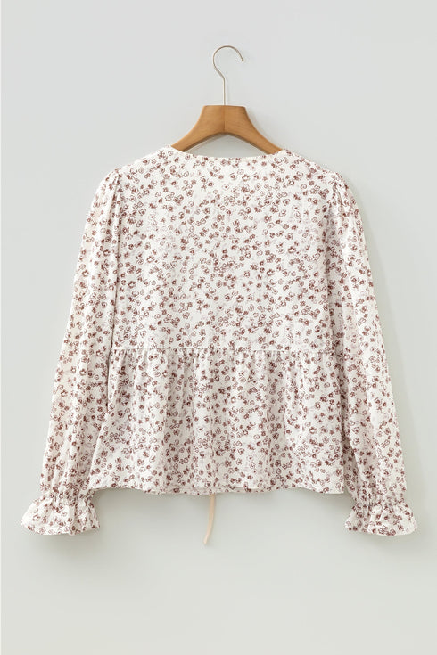 Floral Tie Front Short Flounce Sleeve Peplum Blouse